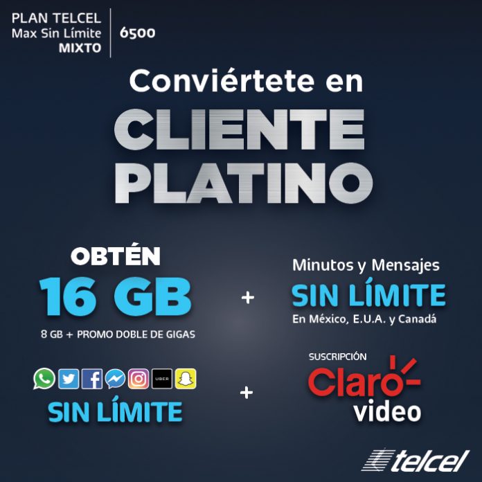 Conviértete en Cliente Platino Plan Telcel Max Sin límite 6500 mixto