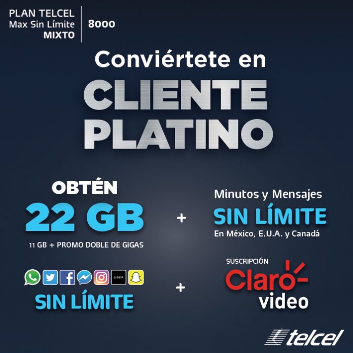 Conviértete en Cliente Platino Plan Telcel Max Sin límite 8000 mixto