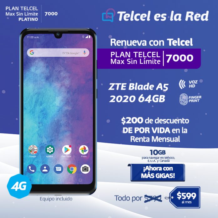 Plan Telcel Max Sin Límite 7000 ZTE Blade A5 2020