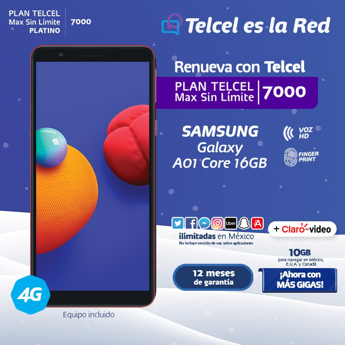 Plan Telcel Max Sin Límite 7000 Samsung Galaxy A01 Core 16 GB