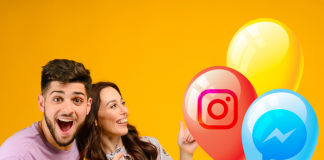 Pareja feliz con globos Instagram Facebook Messenger