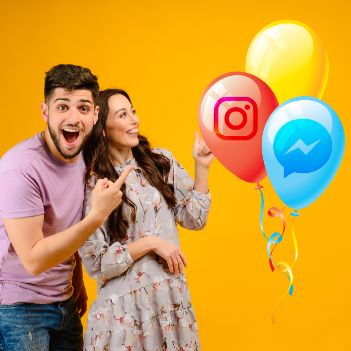 Pareja feliz con globos Instagram Facebook Messenger