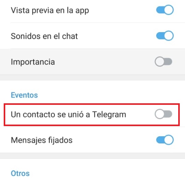 Telegram ajustes eventos notificaciones 