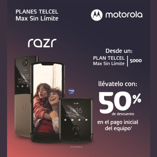 Estrena el nuevo Motorola Razr, el teléfono que todos quieren, desde un Plan Telcel Max Sin Límite 5000 con un 50% de descuento en el pago inicial de tu equipo y disfruta de la gran tecnología Motorola. 