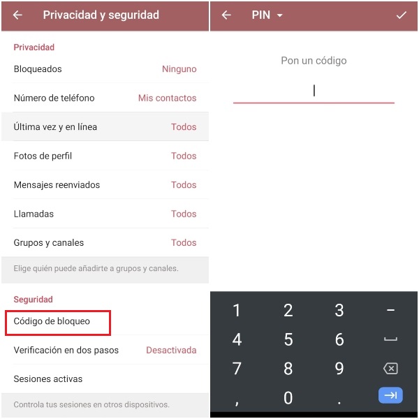 Entra al menú de Privacidad y seguridad de Telegram para agregarle contraseña o PIN a tus conversaciones.- Blog Hola Telcel 