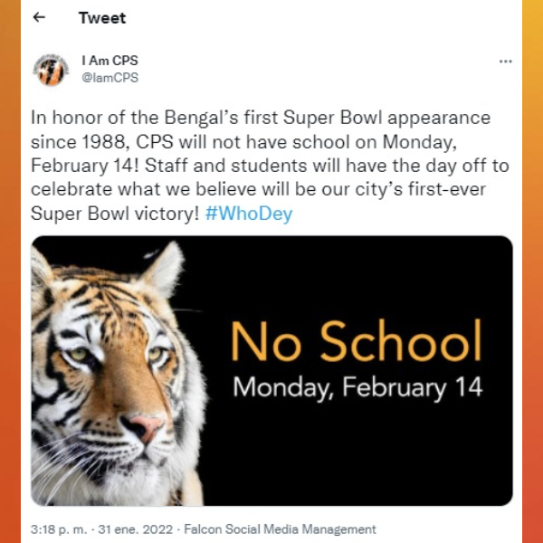 Comunicado Twitter día libre a las escuelas de Cincinnati si los Bengals ganan el Super Bowl - Blog Hola Telcel