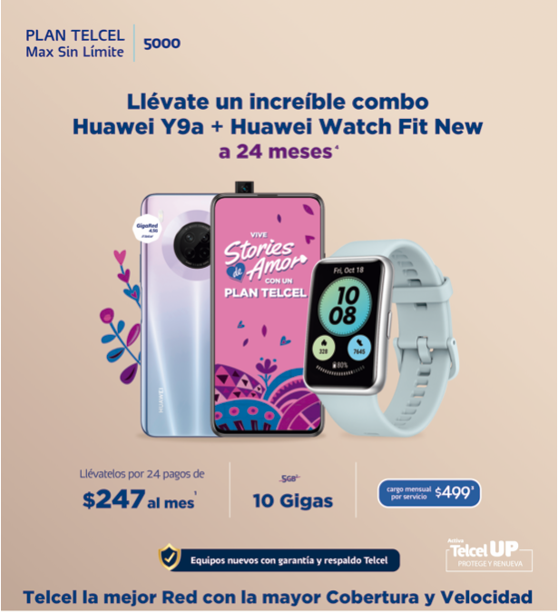 ¡Lleva a casa el combo Huawei Y9a + Huawei Watch Fit New a 24 meses! con tu Plan Telcel Max Sin Límite 5000.-Blog Hola Telcel
