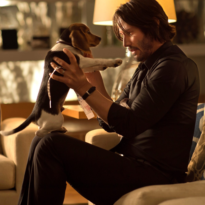 Keanu Reeves sosteniendo a su perro Daisy quien hace el dolor de la pérdida de su esposa más llevadero.- Blog Hola Telcel