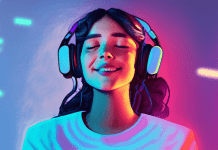 Mujer con audífonos y mando de consola jugando videojuegos solo en audio con los ojos cerrados bajo luces de neón.- Blog Hola Telcel