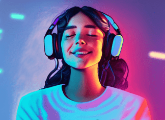 Mujer con audífonos y mando de consola jugando videojuegos solo en audio con los ojos cerrados bajo luces de neón.- Blog Hola Telcel