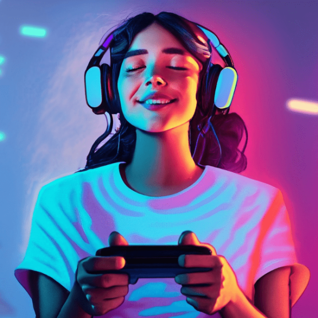 Mujer con audífonos y mando de consola jugando videojuegos solo en audio con los ojos cerrados bajo luces de neón.- Blog Hola Telcel